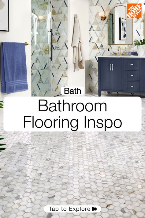 Improve the look and function of your bathroom by installing new flooring. The Home Depot is here to help you get started, from inspiration to installation. Bathroom floors can be both beautiful decor and practical necessity for your home. Tap to get inspired. Cheap Bathroom Flooring Ideas, Home Depot Bathroom Remodel, Small Bathroom Floor Tile Ideas, Home Depot Tile, Cheap Bathroom Flooring, Home Depot Bathroom Tile, Bath Showers, Bathroom Flooring Ideas, Tiny Bathroom Makeover