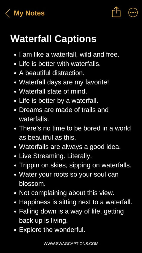 Make a splash on Instagram with these mesmerizing waterfall captions! Whether you're chasing waterfalls or just soaking in their beauty, find the perfect words to accompany your scenic snaps. From poetic musings to playful puns, dive into this collection for the ultimate waterfall-inspired Instagram captions. Waterfall Story Instagram, Waterfalls Captions Instagram, Caption For Waterfall Pic, Poetic Instagram Captions, Chasing Waterfalls Quotes, Captions For Waterfall Pictures, Waterfall Quotes Nature, Waterfall Instagram Story, Poetic Captions For Instagram
