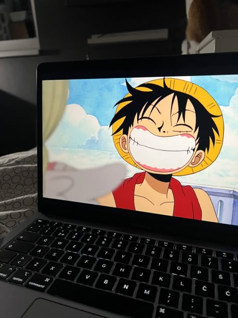 Watching One Piece Laptop Aesthetic, Anime Nerd Aesthetic, Anime Watch Face, Watching Anime Aesthetic, Luffy Aesthetic, Watching Aesthetic, Watching One Piece, Anime Lifestyle, One Piece Aesthetic