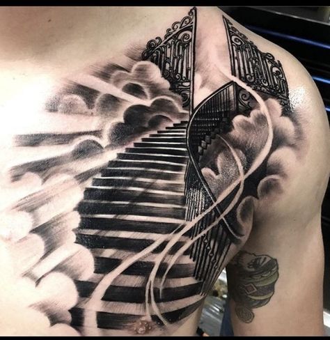 Wings And Clouds Tattoo, Heaven Gates Chest Tattoo, Stairwell To Heaven Tattoo, Heavenly Tattoo Designs, Memorial Back Tattoos For Men, Two Worlds Tattoo, Man Walking Up Stairs To Heaven Tattoo, Stair Case To Heaven Tattoo, Heavenly Tattoos For Men