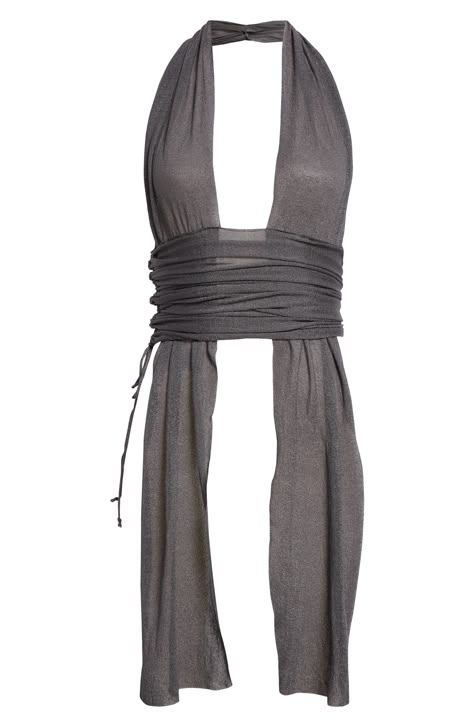 Bring main-character energy to your night-out looks with this cropped halter top with a plunging neckline, open back and trailing panels of the sheer knit. The ruched sash-like waist adds rippling dimension and a perfect fit. Plunge halter neck Drawstring ruching Semisheer 78% Tencel® lyocell, 22% polyamide Tencel lyocell is a more-sustainably produced fiber made with closed-loop processing Dry clean or hand wash, dry flat Made in Spain Designer Clothing Chiffon Halter Top, Drapey Clothing, Sagittarius Fashion, Diy Halter Top, Unique Crop Tops, Cropped Halter Top, Neck Halter Top, Black Halter Top, Sheer Knit