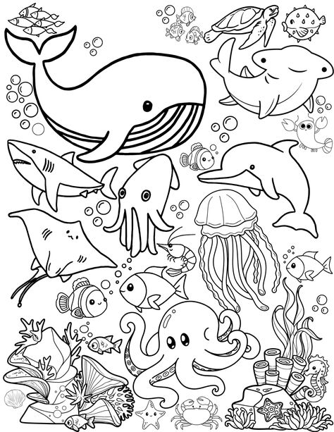 ocean animals coloring page Animal For Coloring, Aquarium Coloring Page, Animal Colouring In Free Printable, Under The Sea Coloring Pages Free, Free Ocean Coloring Pages, Sea Animal Coloring Pages Free Printable, Ocean Printables Free, Coloring Activities For Kids Worksheets, How To Draw Ocean Animals