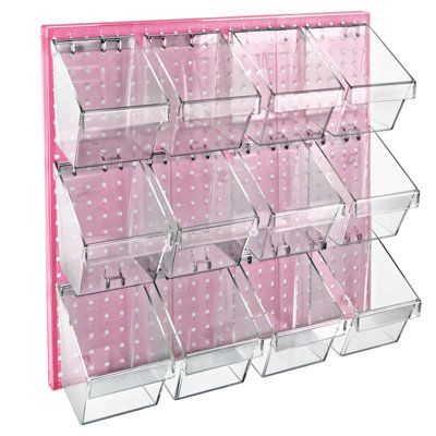 Azar Displays 12 Small Bucket Peg Wall Accessory Organizer Set is ideal for organizing Tools, Screws, Hardware, Toys, Lego, Nerf Accessories, Crafts and Art Supplies. The Clear Frosted Pegboard is made of high impact styrene which makes it strong and durable, and it measures 24” x 24”. The Kit includes 12 small Buckets with hardware to hang the buckets and screws are included for hanging the pegboard to the wall. Each small Bucket measures 3.14” wide x 4.246” deep x 4.453” high. The open slope d Craft Shed Organization, Glitter Organization, Small Business Room Ideas, Lego Set Organization, Peg Board Storage, Peg Board Display, Party Supply Organization, Pegboard Craft Room, Boutique Office