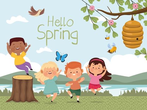 Kids nature Vectors & Illustrations for Free Download | Freepik Spring Is Here Pictures, Spring Pictures For Kids School, Spring Cartoon Images, Spring Pictures For Kids, Rainy Season Essay, Powerpoint Background Free, June Activities, 1st Birthday Wishes, Spring Cartoon