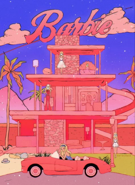 Barbie Dream House Illustration, Barbie Movie Room, Barbie Art Illustrations, Barbie House Illustration, Barbie Movie Poster Aesthetic, Barbie Concept Art, Barbie Ipad Wallpaper, Barbie Movie House, Barbie Dream House Aesthetic