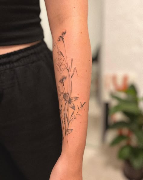 Fine Line Lupine Tattoo, Wild Flower Wrap Around Tattoo, Large Wildflower Tattoo, Line Bouquet Tattoo, Wildflower Arm Tattoo, Wildflower Wrist Tattoo, Meadow Flowers Tattoo, Lavender Tattoo Black, Wildflower Sleeve Tattoo