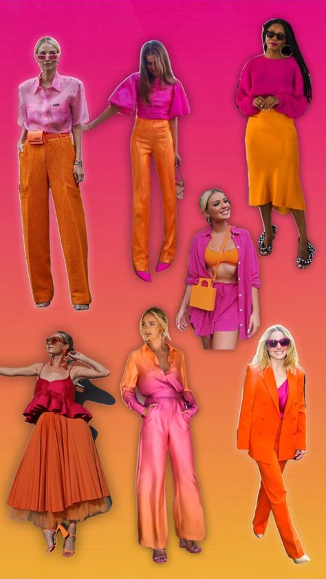 Pink and orange outfit inspiration #outfitinspiration Hot Pink And Orange Outfit Summer, Pink And Orange Party Outfit, Orange And Pink Outfit For Haldi, Orange And Fuschia Outfit, Sunset Colour Outfits, Pink And Orange Photoshoot, Pink And Orange Summer Outfit, Pink Orange Yellow Bachelorette Outfits, Pink Orange Photoshoot