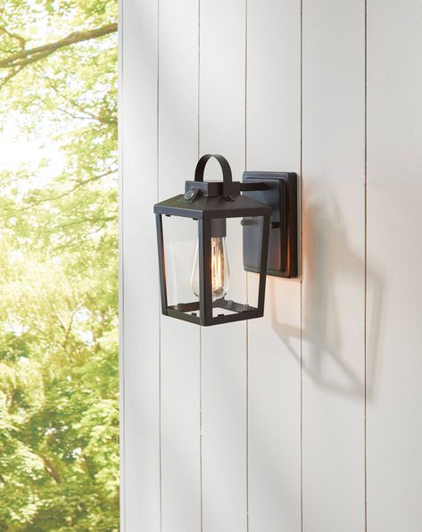 allen + roth Holliser 1-Light 9.5-in H Black Dusk to Dawn Led, Outdoor Wall Light Lowes.com Black And Gold Exterior Lights, Carport Lighting Ideas, Porch Lights Ideas, Garage Lighting Ideas, Porch Light Fixtures, Modern Porch, Outdoor Lighting Fixtures, Exterior Light Fixtures, Black Outdoor Wall Lights