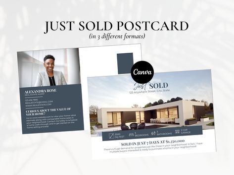 "Just Sold postcard for realtors and real estate agents to send to their local farming area. This real estate postcard template is great for generating leads on potential home owners thinking of selling their homes! Postcard comes in 3 formats: 1 sided, 2 sided, and 2 sided postcard (as pictured).  Create engaging and beautiful real estate marketing postcards for your business within minutes using Canva, the online design platform! WHAT'S INCLUDED: - 1 postcard design in 3 formats (size: 6x4 inc Marketing Postcard, Postcard Advertisement Design, Postcard Ideas, Just Sold Postcard, Real Estate Postcard Design, Postcard Design Layout, Postcard Graphic Design, Real Estate Marketing Postcards, Market Signage