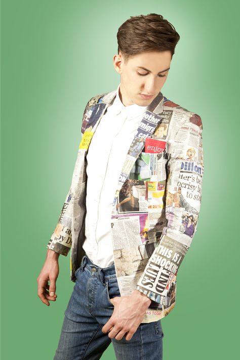 Newspaper Style Blazer Recycled Costume For Men, Recycled Costumes For Kids, Newspaper Outfit, Paper Costume, Recycled Costumes, Creative Costuming Designs, Newspaper Fashion, Recycled Outfits, Thrift Store Outfits