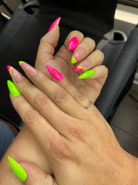 Hot Pink Green Nails, Green And Pink Neon Nails, Neon Green And Pink Nail Designs, Neon Pink And Neon Green Nails, Pink And Green Neon Nails, Gel X Nails 2023, Lime Green And Hot Pink Nails, Hot Pink And Neon Green Nails, Neon Pink And Green Nails Acrylic