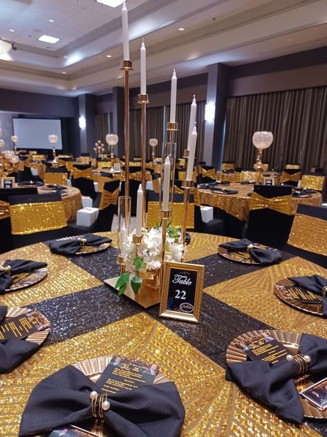 Masculine Wedding Centerpieces, Black And Gold Table Decorations Classy, Appreciation Banquet Ideas, Pastor Anniversary Decoration Ideas, Black And Gold Table Decorations, Candy Buffet Graduation Party, Gold Theme Birthday, Black And Gold Party Decorations, Pastor Anniversary