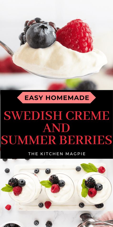 Swedish Creme with Summer Berries Berries With Cream, Swedish Cream Dessert, Fruit Deserts, Clean Desserts, Berries And Cream, Clean Dessert, Pumpkin Custard, Custard Desserts, Tasty Dessert