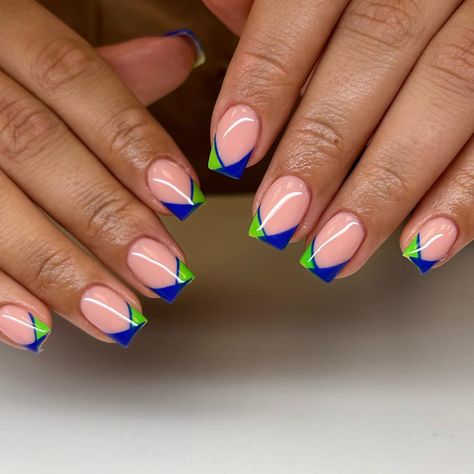 Colored French Tip Nails, Tip Nail Ideas, French Tip Nail Ideas, Peach Nail Polish, Blue French Tip, Colored French Tips, Tropical Nail Designs, Blue French Tips, Long Square Nails