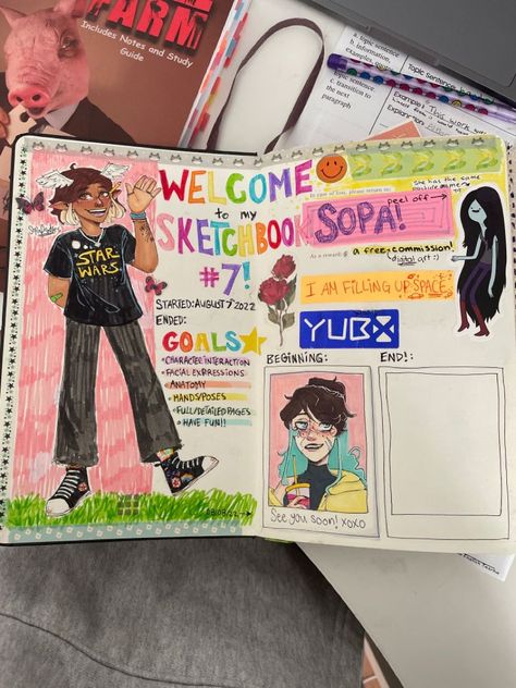 full welcome page! pls dont repost !!! Full Drawing Sketch, Beginning Sketchbook Ideas, Welcome Sketchbook Page Ideas, Welcome Page For Sketchbook, Sketchbook About Me Page, First Pages Of Sketchbook, Introduction Sketchbook Page, Welcoming Page Sketchbook, First Sketch Book Page Ideas