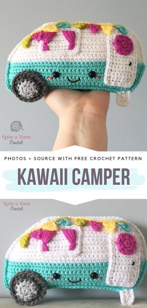 Kawaii Camper Free Crochet Pattern #crochetcampervan Crochet Caravan Free Pattern, Camp Crochet, Crochet Camper, Yarn Toys, Yarn Ideas, Animal Crochet, Hippie Look, Fun Crochet, Fun Crochet Projects