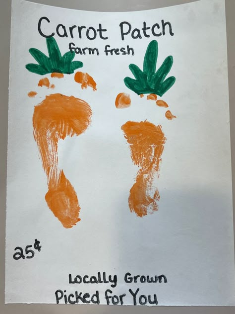 Farm Art Projects For Infants, September Infant Footprint Art, Letter C Footprint Craft, Farm Footprint Art, Infant Farm Art, Infant Farm Crafts, Orange Footprint Craft, Farm Infant Crafts, Carrot Crafts For Toddlers