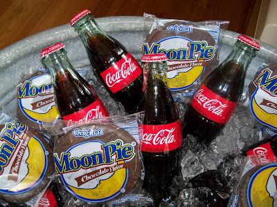 MoonPie and Glass Bottle Coca-Cola Birthday Party Favors by Brier Design Studio Moon Pie, Moon Pies, Galvanized Tub, Rc Cola, Country Chic Wedding, Pie Bar, Moving To California, Southern Comfort, Ben And Jerrys Ice Cream