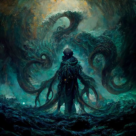 dungeons and dragons, warlock, pact of the fathomless, eldritch, water magic, concept art The Fathomless Warlock, Great Old One Warlock Art, Chaos Magic Art, Fathomless Warlock Art, Dnd Fathomless Warlock, Water Demon Art, Eldritch Magic Aesthetic, D&d Warlock Art, Dnd Eldritch Horror