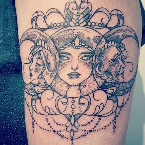 Maiden Mother Crone #trigoddess #tattoo #tattoos #ink #inked #shewolftattooandapothecary #ornate #tattoodetail #yvrtattooartist Maiden Mother Crone Tattoo, Crone Tattoo, Morrigan Tattoo, Pagan Tattoos, Goddess Tattoos, Pagan Tattoo, Maiden Mother Crone, Wiccan Tattoos, Inca Tattoo