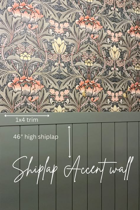 Bathroom Wallpaper Bottom Half, Bathroom Reno Wallpaper, Bathrooms With Wallpaper And Wainscoting, Tile On Half Bathroom Wall, Hallway Bathroom Wallpaper, Hallway Wallpaper With Wainscotting, Powder Room Shiplap And Wallpaper, Rustic Wallpaper Bathroom, Wallpaper Feature Wall Bathroom