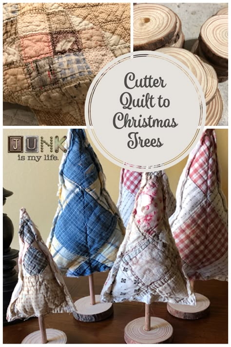 It is easy to upcyle an old cutter quilt to really cute Christmas trees. This blog post is a quick tutorial for making this easy project. #christmastrees #cutterquilt #woodslices #sewing #Christmas #sewsimple #farmhouse Old Quilt Crafts Projects, Quilt Christmas Trees, Crafts With Old Quilt Pieces, Sewn Christmas Trees, Projects With Old Quilts, Easy Christmas Sewing Crafts, Things To Do With Old Quilts, Things Made From Old Quilts, Quilted Christmas Trees