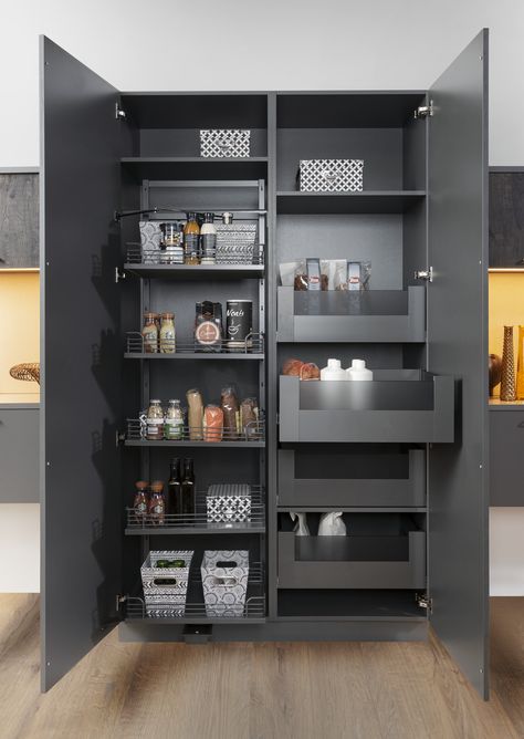 Modern Kitchen Pantry Cabinet, Kitchen Tall Cabinet Storage, Panty Cupboard Design, Pull Down Kitchen Cabinets, Kitchen Cabinets Tall Units, Modern Luxury Interior Design Kitchen, Kitchen Pantry Design Storage Cabinets, Kitchen Tall Storage, Cabinet Accessories Kitchen