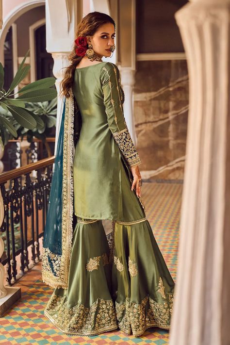 Buy Lashkaraa Green Satin Zari And Flower Cluster Embroidered Kurta Gharara Set Online | Aza Fashions Green Gharara, Olive Green Suit, Vine Embroidery, Satin Embroidery, Zari Embroidery, Flower Cluster, Embroidered Dupatta, Green Suit, Lawn Suits