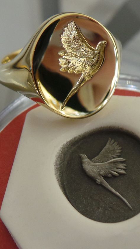 Oxford Oval Signet Ring with Deep Seal Engraved Bird - Pheasant, Wings, Feathers Seal Rings Women, Bird Signet Ring, Silver Signet Ring Women, Bird Ring Jewelry, Bird Jewellery, Wings Feathers, Oval Signet Ring, Bird Ring, Signet Rings Women