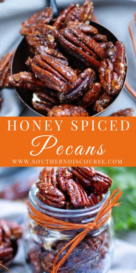 Honey Spiced Pecans - southern discourse Spicy Pecans Recipe, Honey Roasted Pecans, Southern Discourse, Snack Prep, Spiced Pecans, Roasted Pecans, Friends Food, Nut Recipes, Pecan Recipes