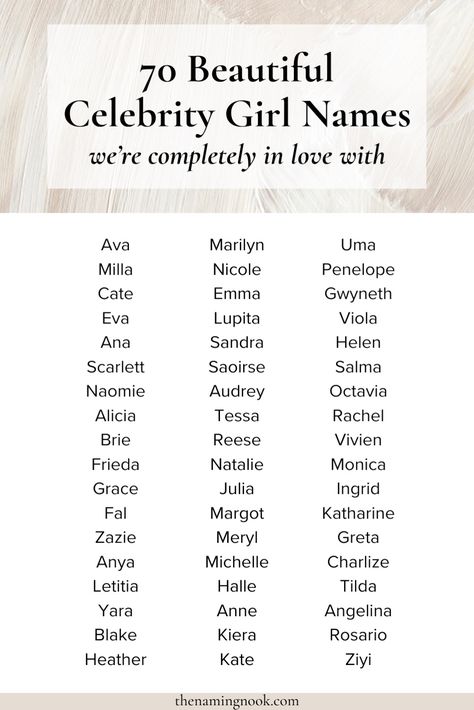 Looking for a pretty and unique baby girl name? We’re sharing 70 beautiful Hollywood-inspired names for girls. Our list shares beautiful and unique celebrity girl names inspired by Hollywood actresses! Click through for the full list. Girl name aesthetic, celebrity baby names, unusual girl names Celebrity Girl Names, Traditional Baby Girl Names, Unusual Girl Names, Baby Names With Meaning, Exotic Baby Names, Name Aesthetic, Traditional Baby Names, Baby Girl Name, Celebrity Baby Names