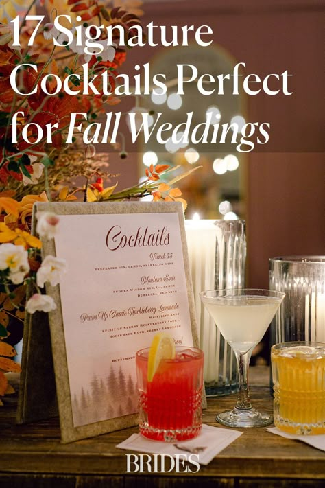 If you're planning a fall wedding, you'll want to serve signature cocktails that match the vibe of the season. Here, we're sharing 17 delicious ideas to inspire your own signature drink for a fall wedding, including options made with pumpkin, apple, cinnamon, and other seasonal flavors. // Photo: Michelle Beller Photography October Wedding Cocktails, His And Hers Drink Menu Wedding, Fall Bridal Shower Drink Ideas, Best Signature Cocktails For Wedding, Fall Drinks For Wedding, Wedding Cocktails Fall, Fall Wedding Signature Drink Ideas, Her Signature Drink Wedding, Fall Cocktails For Wedding