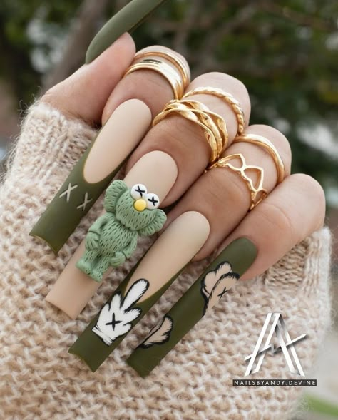 Hypebeast Acrylic Nails, Bear Charm Nails Designs, Matte Kaws Nails, Kaws Inspired Nails, Kaws Charms Nails, White Cartoon Nails, Moss Nails Acrylic, Nails With Bear Charm, Kaws Short Nails