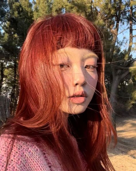 Red Hair Japanese Girl, Redhead Asian, Aesthetic Korean Fashion, Micro Bangs, Hair Color Asian, Haircuts For Medium Length Hair, Red Hair Inspo, Aesthetic Korean, Hair Damage