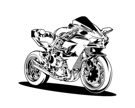 Kawasaki Ninja H2r Drawing, Black And White Motorcycle, Ninja Bikes, White Motorcycle, Bike Drawing, Big Bike, Bike Illustration, Motorcycle Logo, Car Wall Art