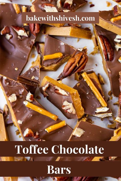 A quick and easy eggless recipe. These toffee chocolate bars are super-addictive Toffee Chocolate Bars, Bake With Shivesh, Chocolate Toffee Bars, How To Make Toffee, Chewy Toffee, Toffee Bark, Toffee Chocolate, Chocolate Bark Recipe, Eggless Recipes