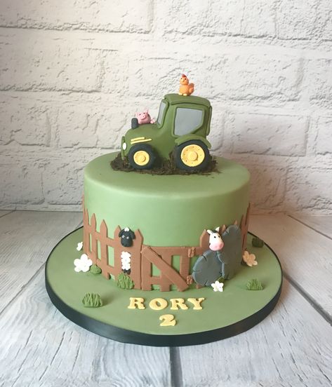 Farm and Tractor cake Homemade Farm Birthday Cake, Farm Cake 2nd Birthday, Birthday Cake With Tractor, Tractor Cake 2nd Birthday, Tractor Farm Cake, Tractor First Birthday Cake, Green Tractor Cake, Tractor Themed Cake, Tractor Ted Birthday Cake