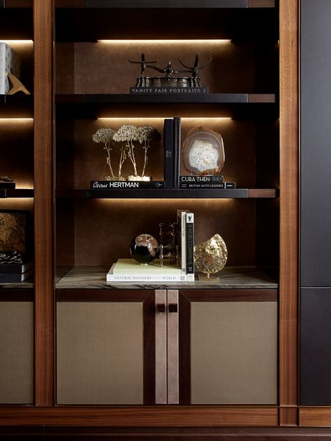 INTERIOR-iD | Bespoke study cabinet combining an incredible variety of materials such as leather, metal, marble, timber and stone. Study Cabinet, Book Shelving, Interior Design Per La Casa, Joinery Details, Furniture Details Design, Hotel Room Design, Shelving Design, Built In Furniture, Business Furniture