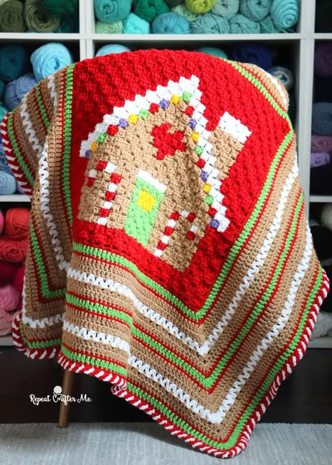 Crochet Red Truck Blanket, Crochet Christmas Lapghan, 3 Colored Crochet Blanket, Crochet Gingerbread House Ornament, St Patricks Day Crochet Blanket, Crocheted Gingerbread House, Graphagram Crochet Afghans, Crochet Gingerbread Blanket, Gingerbread Granny Square