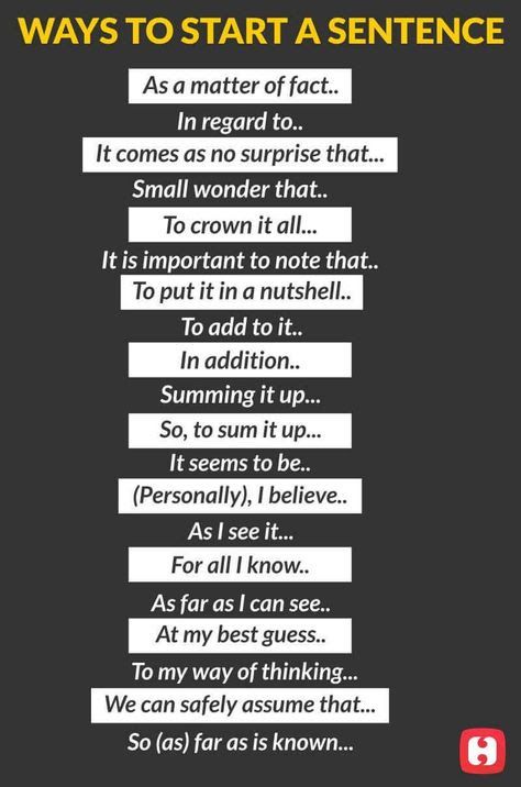 preparing for English exam, it might be useful to those who can't start an essay or letter writing Ways To Start A Sentence, Taal Posters, Essay Writing Skills, English Vocab, Good Vocabulary, English Writing Skills, English Idioms, A Sentence, Learn English Vocabulary