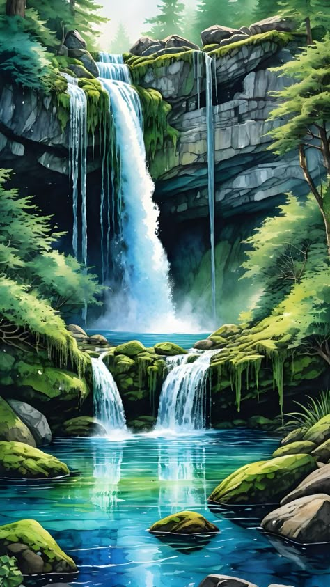 watercolor painting of waterfall Colorful Waterfall Painting, Painting Of A Waterfall, Waterfall Images Nature, Canvas Painting Waterfall, Painting A Waterfall, Paintings Of Waterfalls, Waterfall Art Painting, How To Paint Waterfall, Abstract Waterfall Painting