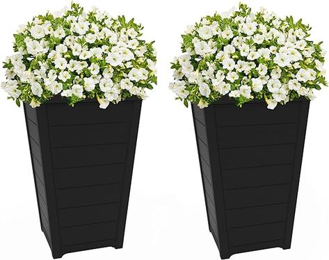 Keter Set of 2 Resin Modern Outdoor 22 Inch Tall Large Flower Pots, Tapered Wood Look Planters for Outdoor Plants and Front Porch Decor, Graphite Front Porch Flower Pots, Front Porch Flowers, Porch Flowers, Large Flower Pots, Flower Pots Outdoor, Tall Planters, Front Porch Decor, Wood Planters, Wood Resin