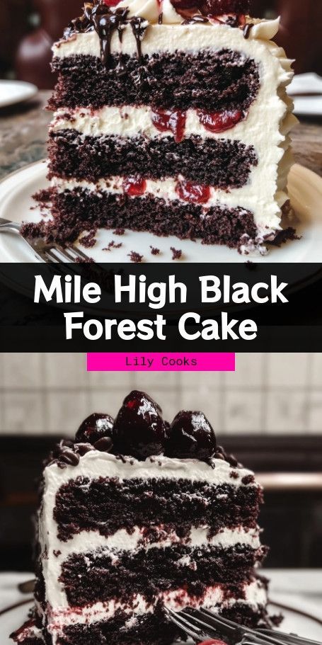 Mile High Black Forest Cake Recipe | Indulge in Rich Chocolate & Cherry Layers Discover how to create a Mile High Black Forest Cake, featuring layers of rich chocolate, fluffy whipped cream, and sweet cherries. Perfect for fall celebrations and special occasions, this classic European dessert offers comforting flavors that enchant chocolate lovers. Black Cherry Cake Recipe, Black Forest Cake With Box Cake, Chocolate Cherry Mousse Cake, Authentic Black Forest Cake, Easy Black Forest Cake Recipe Simple, Black Forest Torte, Simple Black Forest Cake, White Forest Cake Recipe, Black Forrest Cake