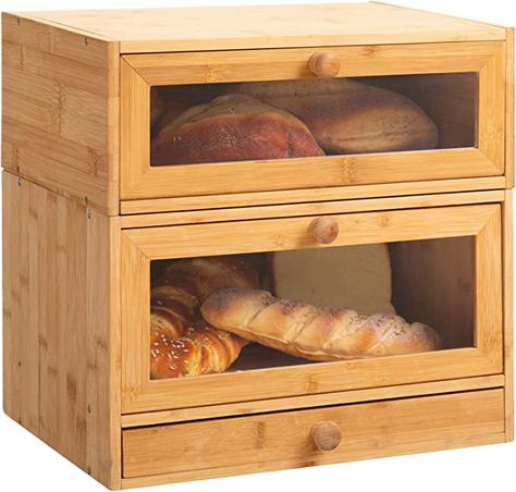 HollyHOME Large 2 Layer Bamboo Bread Boxes for Kitchen Food Storage Removable Stackable Design Capacity Bread Keeper with Utensil Flatware Tray Drawer Clear Window (Self-Assembly) Bread Keeper, Kitchen Countertop Storage, Wooden Bread Box, Bread Container, Kitchen Counter Organization, Bread Storage, Countertop Storage, Food Storage Container Set, Vintage Farmhouse Kitchen