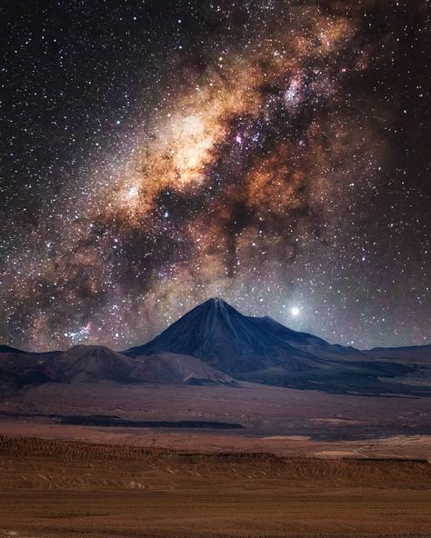 Surreal Night in Atacama Desert in Chile.  Jupiter illuminates the protector of the desert, Licancabur Volcano. Digital Art #atacama… Atacama Desert Chile Stars, Atacama Desert Chile, Fantasy Terrain, Atacama Desert, The Protector, Stars At Night, Digital Graphics, Graphic Artist, The Desert