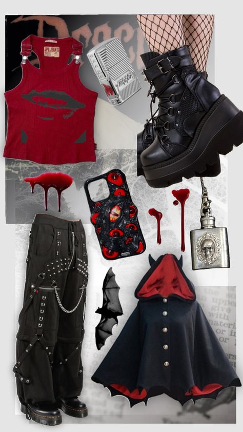 #black #red #alt #alternative #vampire #vampireaesthetic #vampirevibe #bats #blood #outfitinspo #outfit #outfits #outfitinspiration Demoncore Aesthetic Outfits, Vampire Theme Outfit, Modern Vampire Outfit Casual, Vampire Asethic Outfits, Red Alt Aesthetic, Teen Vampire Aesthetic, Alastor Inspired Outfit, Vampire Streetwear, Devilcore Aesthetic Outfit