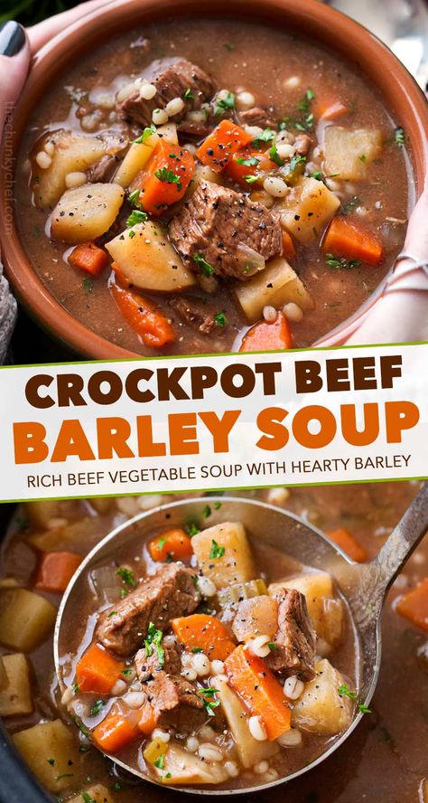 Crockpot Barley, Crockpot Beef Barley Soup, Soup Tortellini, Chunky Soup, Barley Soup Recipe, The Chunky Chef, Chunky Chef, Crockpot Recipes Beef Stew, Beef Barley