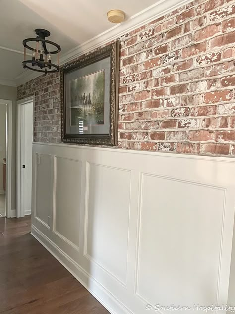 Brick Wall Hallway Ideas, Wainscoting On Brick Wall, Brick Hallway Ideas, Brick Wall And Floor, What To Do With A Brick Wall, Half Brick Accent Wall, Half Brick Interior Wall, Faux Brick Hallway, Brick And Panel Wall