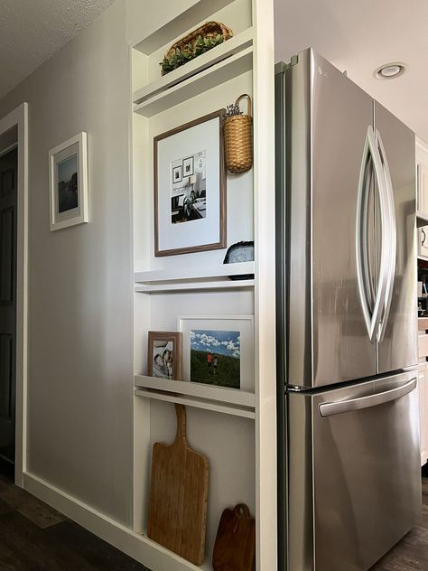 Next To Refrigerator Storage, Shelf Around Fridge, End Of Refrigerator Cabinet, Fridge Beside Sink, Built In Cabinets Around Fridge, Built In Refrigerator Wall, Shelf On Side Of Fridge, Around Fridge Ideas, Hide Side Of Fridge