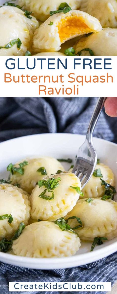 Gluten free butternut ravioli is easier to make at home than you may think. Our version uses nondairy cream cheese and plenty of garlic for a delicious ravioli that everyone will love. This recipe for homemade butternut squash ravioli is prepped, cooked, and served in no time at all. A great recipe to create for any occasion or make for dinner any night of the week. Dairy-free ravioli is delicious, nutritious, and kid-approved! Almond Flour Ravioli, Sauce For Butternut Squash Ravioli Simple, Gf Ravioli Recipe, Gluten Free Butternut Squash Ravioli, Butternut Squash Ravioli Cream Sauce, Gluten Free Ravioli Recipe, Butter Nut Squash Ravioli Sauce Recipe, Butter Nut Squash Ravioli Recipe, Gluten Free Ravioli